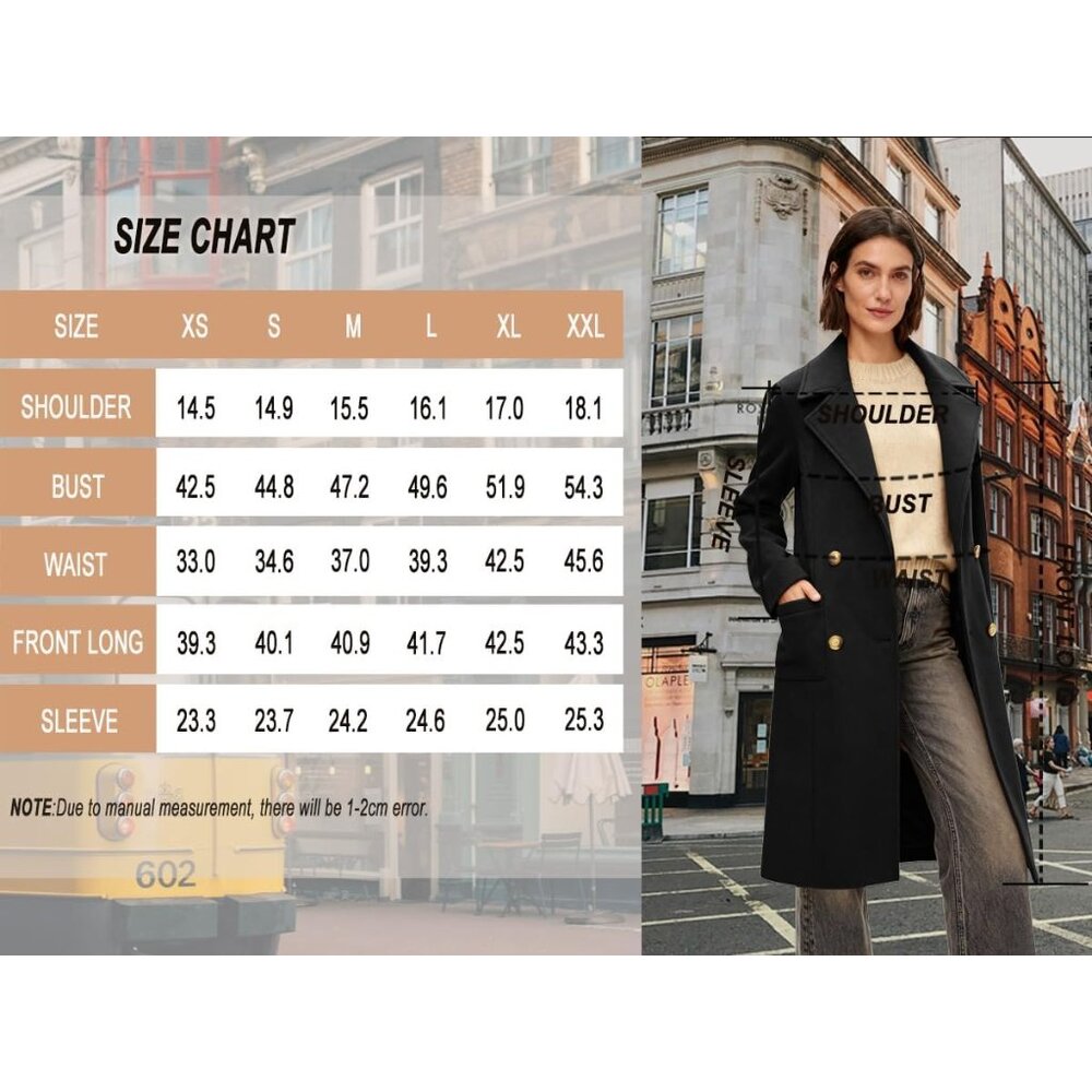 Women's Black Winter Double-breasted Long Overcoat Classic Casual Trench Coat - Picture 7 of 7